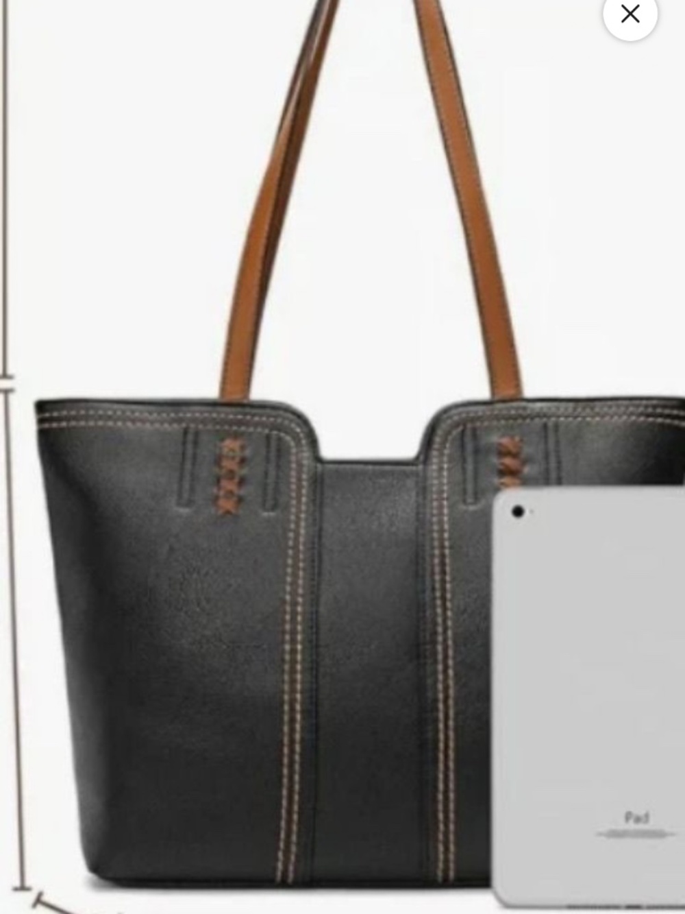 Black Vegan Leather Tote Satchel with Brown Trim